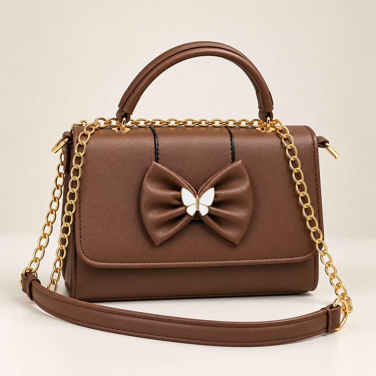 Coffee Brown Elegant Bow Charm Women’s Shoulder & Crossbody Bag