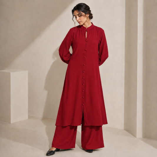 Thai Cotton Solid Co-Ord Set – Ruby Crimson